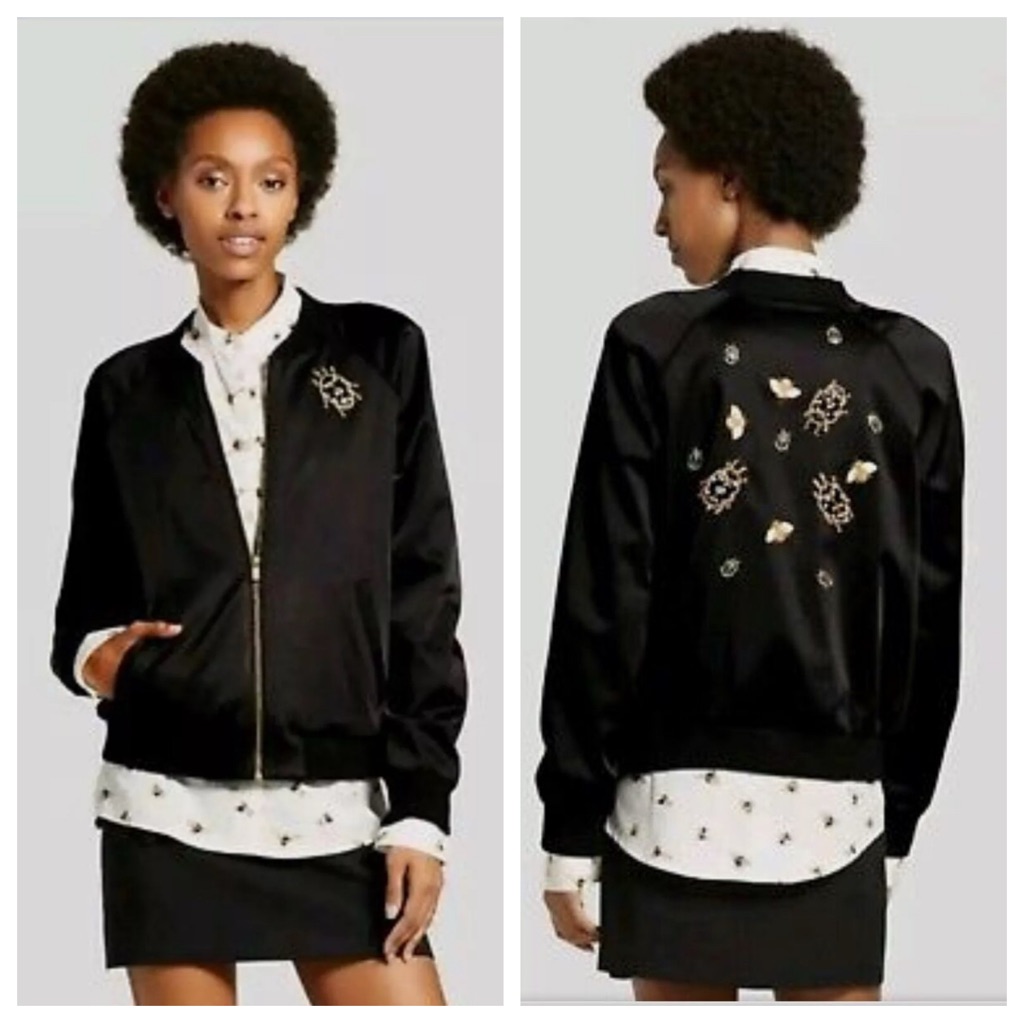 Nwt Victoria Beckham Satin Insect Embroidered Bomber Jacket